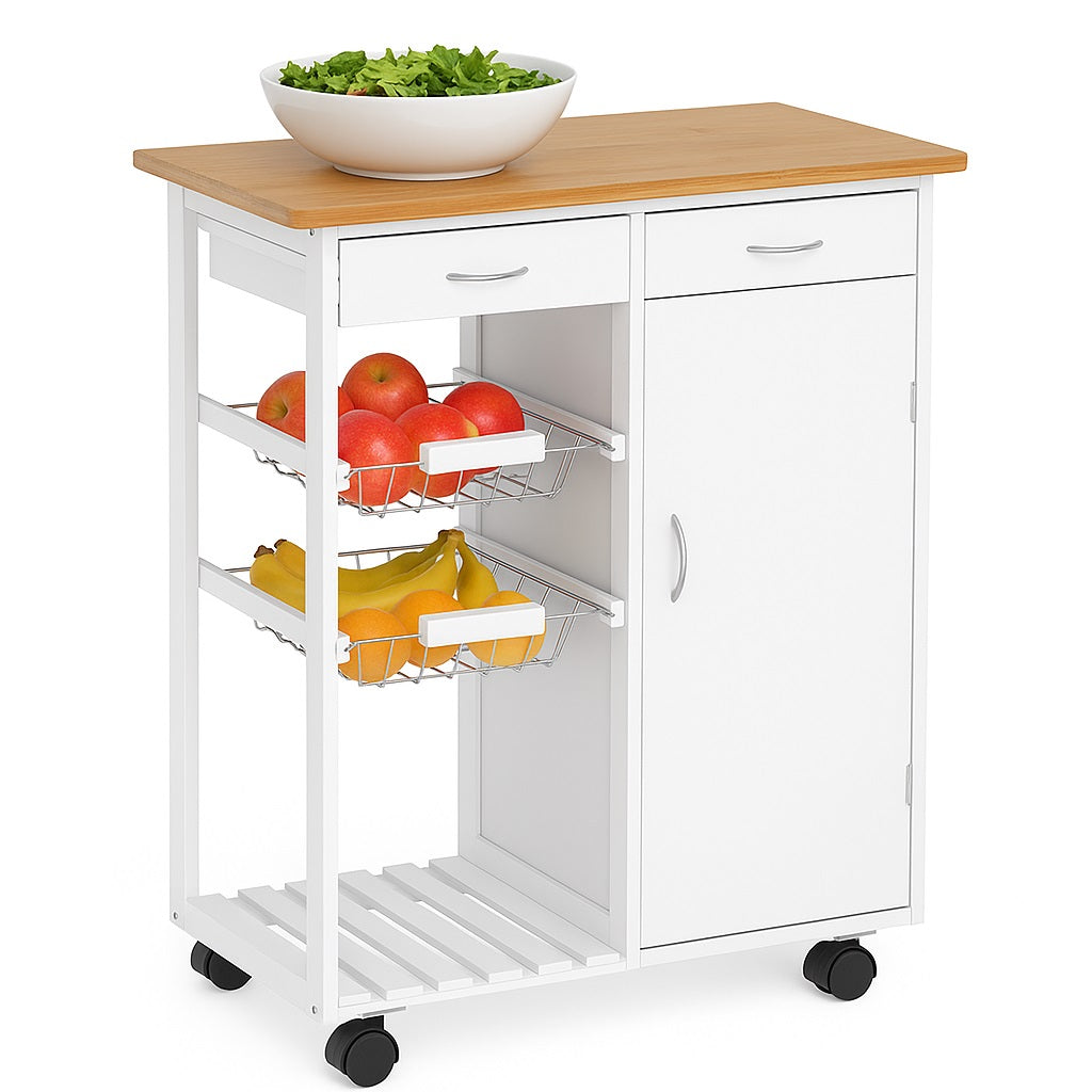 Carrello Cucina in Legno Bianco con Cassetti Cestelli Acciaio e Top Bambù Multiuso