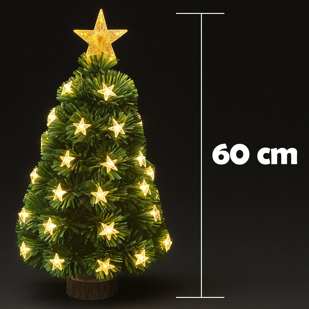 Albero di Natale 60 cm Stelle Led Bianco Caldo Base Tronco Alberello Natalizio