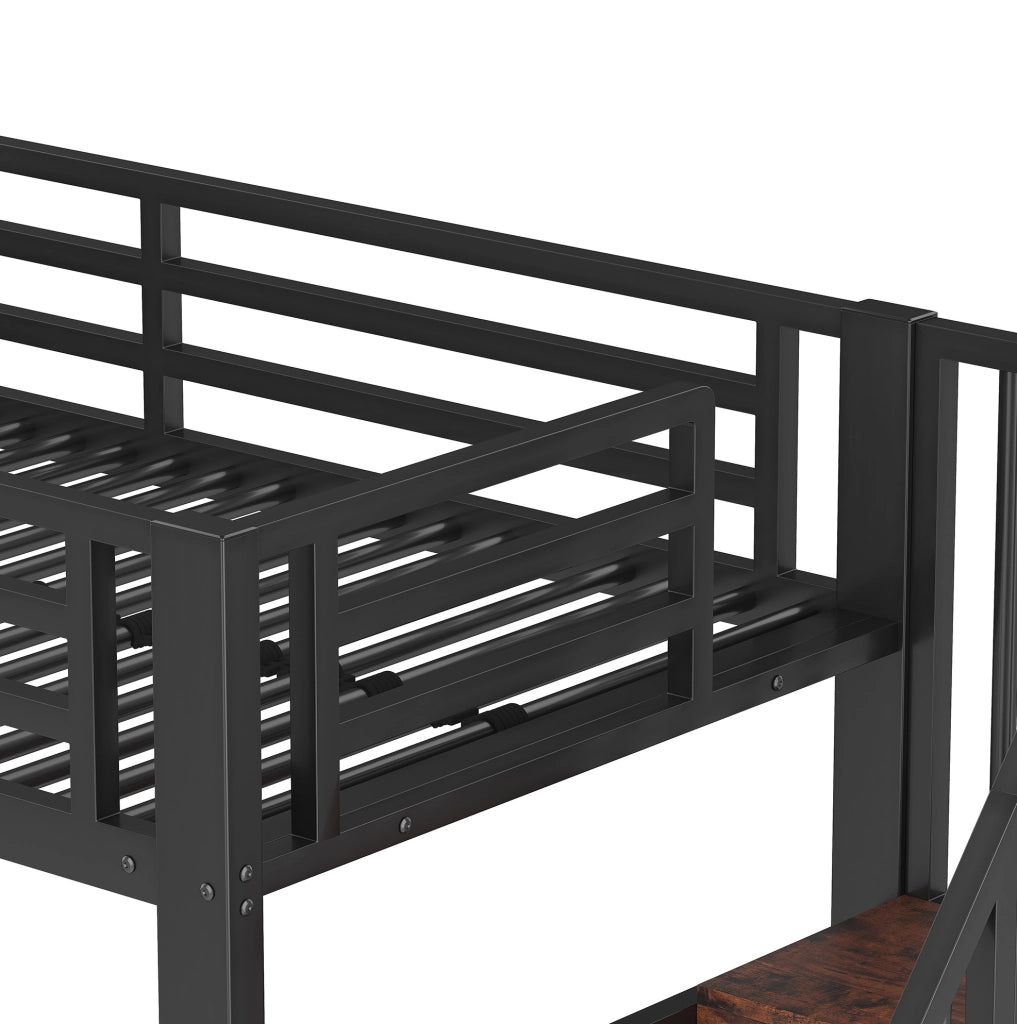 Letto a soppalco 90x200 cm in metallo e MDF con LED; ripiani e scala contenitore nero