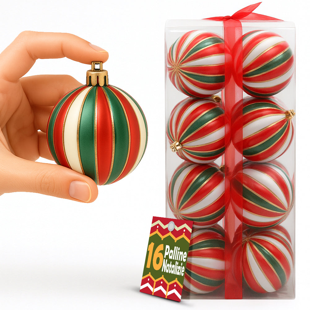 Box 16 Palline di Natale per Albero Sfere Natalizie Bianco Rosso e Verde da 8cm