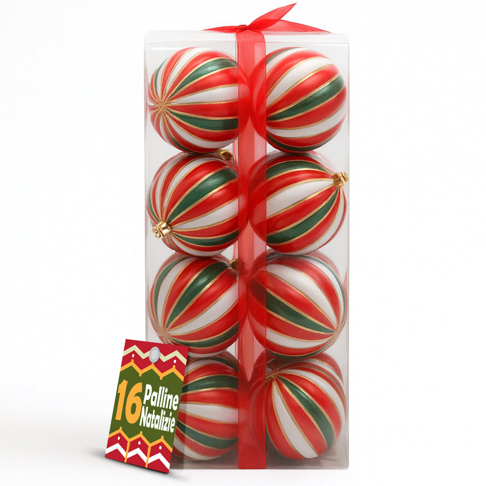 Box 16 Palline di Natale per Albero Sfere Natalizie Bianco Rosso e Verde da 8cm