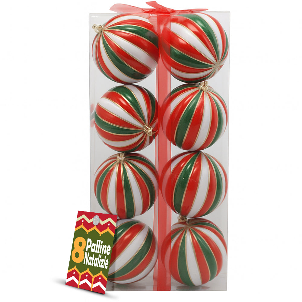 Box 8 Palline di Natale per Albero Sfere Natalizie Bianco Rosso e Verde da 10cm