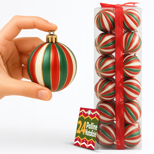 Box 24 Palline di Natale per Albero Sfere Natalizie Bianco Rosso e Verde da 6cm