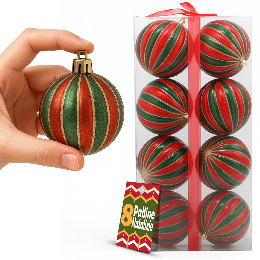 Box 8 Palline di Natale per Albero Sfere Natalizie Addobbo Rosso e Verde da 10cm