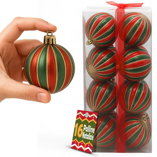 Box 16 Palline di Natale per Albero Sfere Natalizie Addobbo Rosso e Verde da 8cm