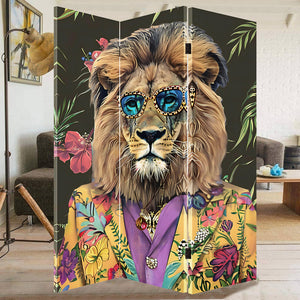 Paravento Separé 3 Pannelli Struttura Legno Divisorio Stampa con Leone 180x120cm