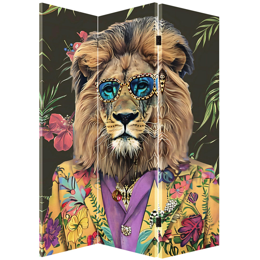 Paravento Separé 3 Pannelli Struttura Legno Divisorio Stampa con Leone 180x120cm
