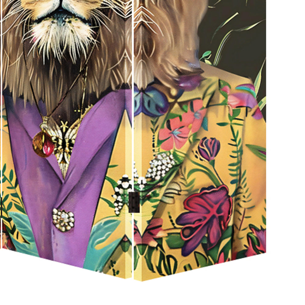 Paravento Separé 3 Pannelli Struttura Legno Divisorio Stampa con Leone 180x120cm