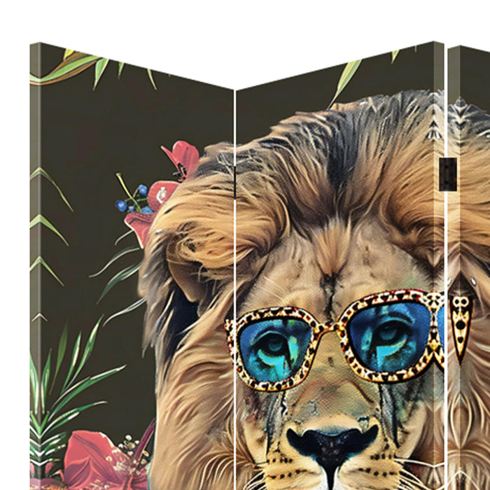 Paravento Separé 3 Pannelli Struttura Legno Divisorio Stampa con Leone 180x120cm