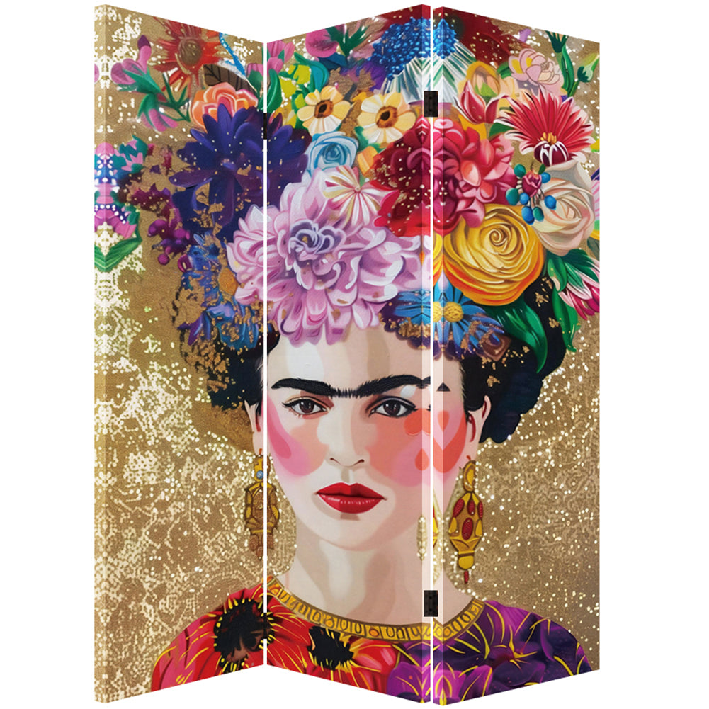 Paravento Separé 3 Pannelli Struttura Legno Divisorio con Frida Kahlo 180x120cm