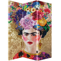 Paravento Separé 3 Pannelli Struttura Legno Divisorio con Frida Kahlo 180x120cm