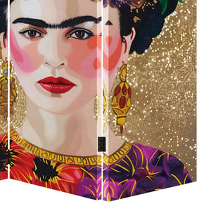 Paravento Separé 3 Pannelli Struttura Legno Divisorio con Frida Kahlo 180x120cm