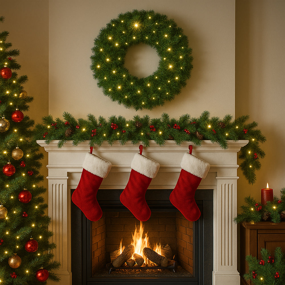 Corona Ghirlanda Natalizia Verde 45 cm con 40 LED Bianco Caldo per Addobbi