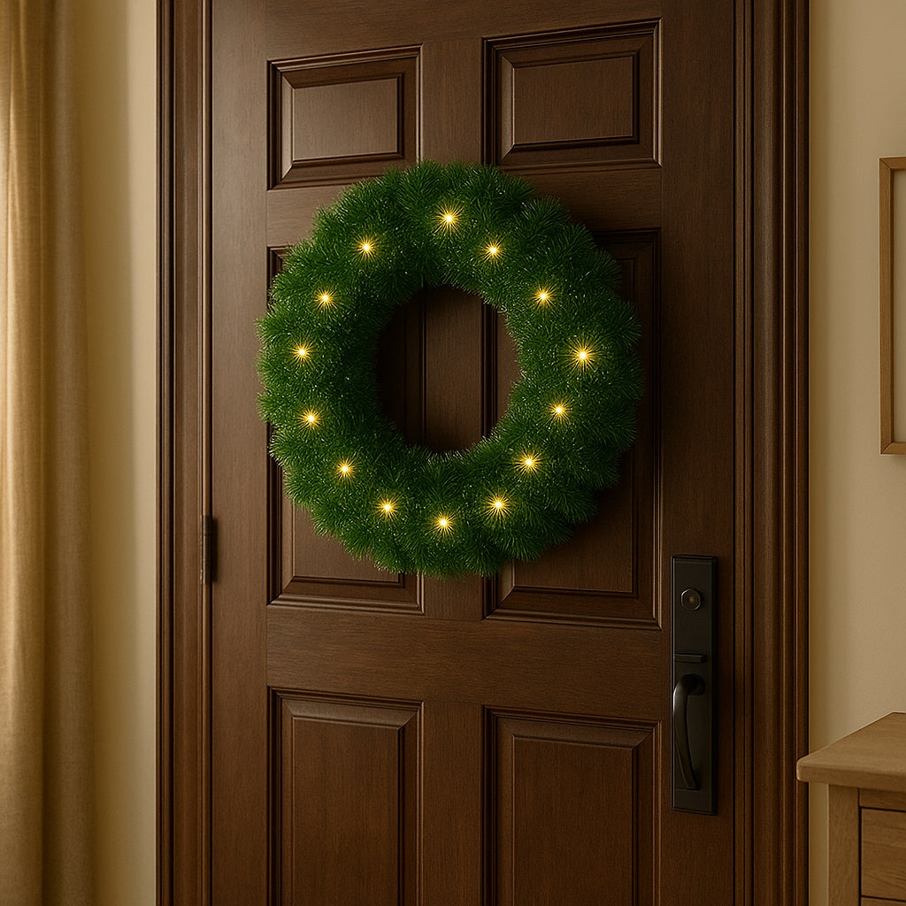 Corona Ghirlanda Natalizia Verde 45 cm con 40 LED Bianco Caldo per Addobbi