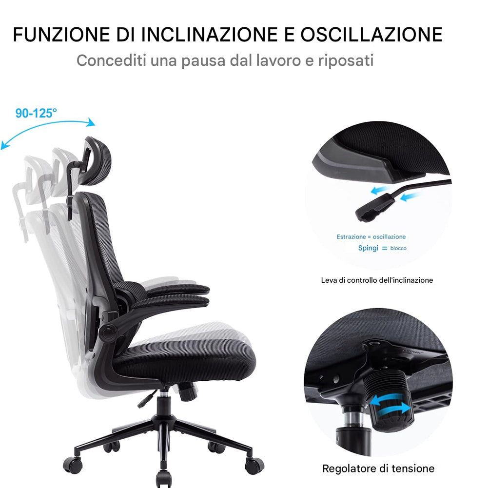 Sedia da Ufficio Ergonomica Nera Rete Traspirante Supporto Lombare e Poggiatesta