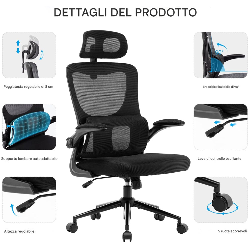 Sedia da Ufficio Ergonomica Nera Rete Traspirante Supporto Lombare e Poggiatesta
