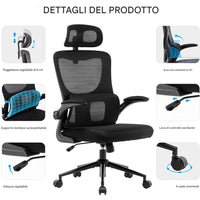 Sedia da Ufficio Ergonomica Nera Rete Traspirante Supporto Lombare e Poggiatesta
