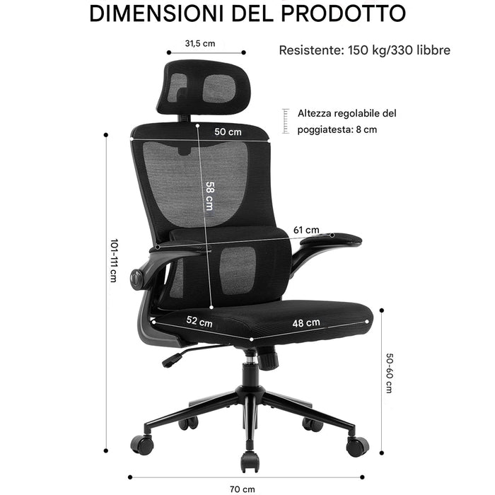 Sedia da Ufficio Ergonomica Nera Rete Traspirante Supporto Lombare e Poggiatesta