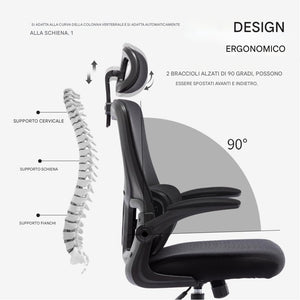 Sedia da Ufficio Ergonomica Nera Rete Traspirante Supporto Lombare e Poggiatesta