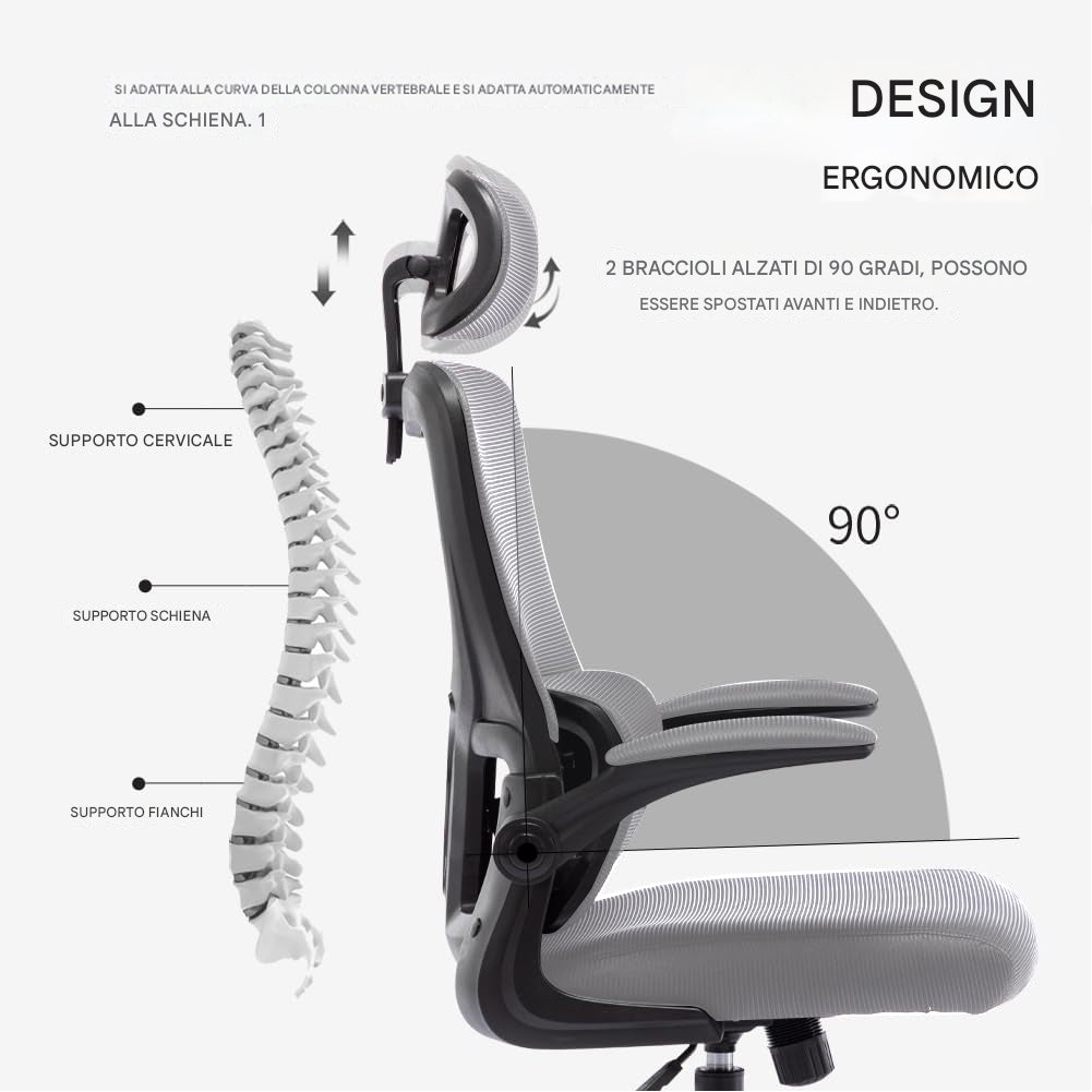 Sedia da Ufficio Ergonomica Grigio Rete Traspirante Supporto Lombare Poggiatesta