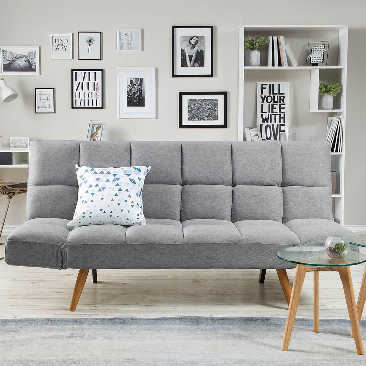 Divano letto 2 posti Vissland con braccioli regolabili e Apertura Clic Clac Grigio