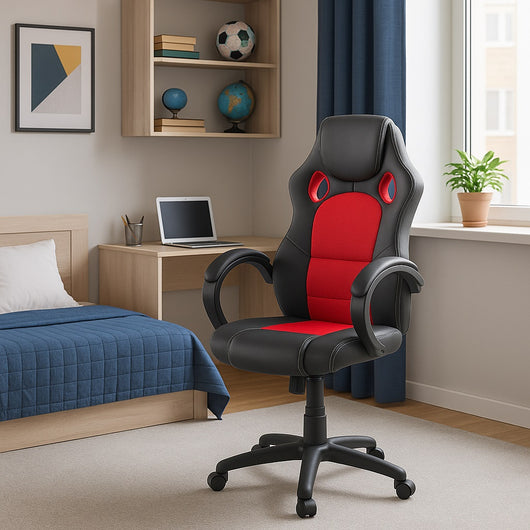 Sedia Poltrona Ufficio Direzionale Gaming Ergonomica Girevole in Ecopelle Nero Rosso