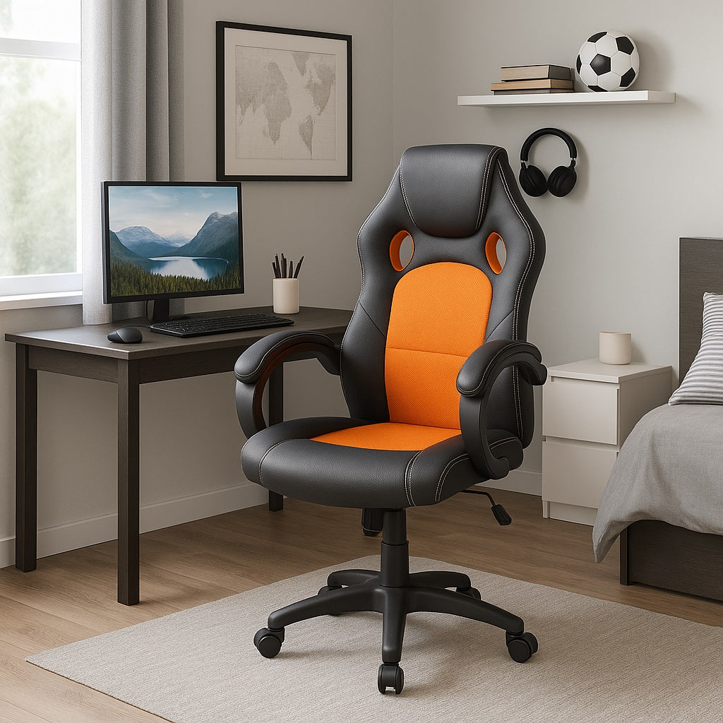 Sedia Poltrona Ufficio Direzionale Gaming Ergonomica Girevole in Ecopelle Nero Arancio