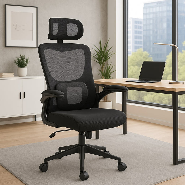 Sedia Ufficio Ergonomica con Supporto Lombare Rete Traspirante e Poggiatesta Regolabile Nero