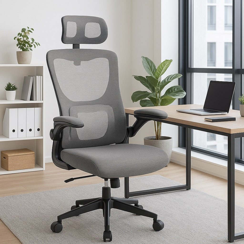 Sedia Ufficio Ergonomica con Supporto Lombare Rete Traspirante e Poggiatesta Regolabile Grigio