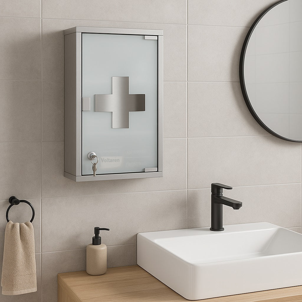 Armadietto Porta Medicinali Acciaio Inox e Vetro Satinato 50x30x18 cm con Chiave