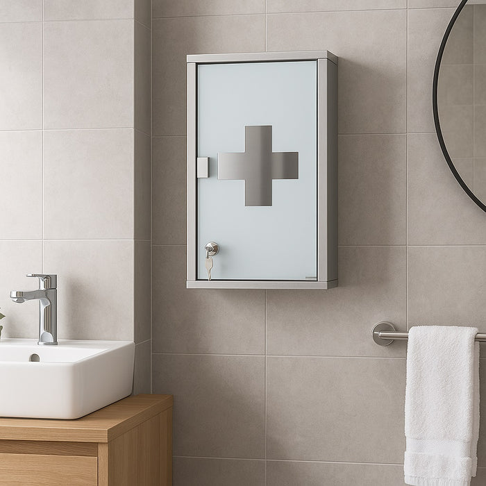 Armadietto Porta Medicinali Acciaio Inox e Vetro Satinato 50x30x18 cm con Chiave