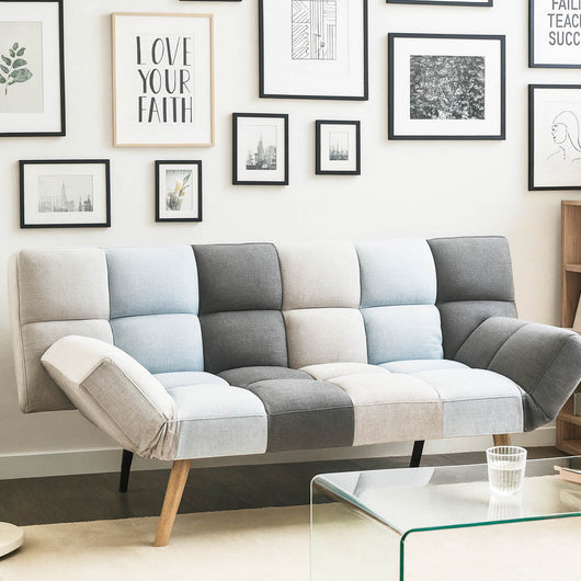 Divano Letto 2/3 Posti Click Clack in Tessuto con Braccioli Regolabili e Apertura Rapida Patchwork