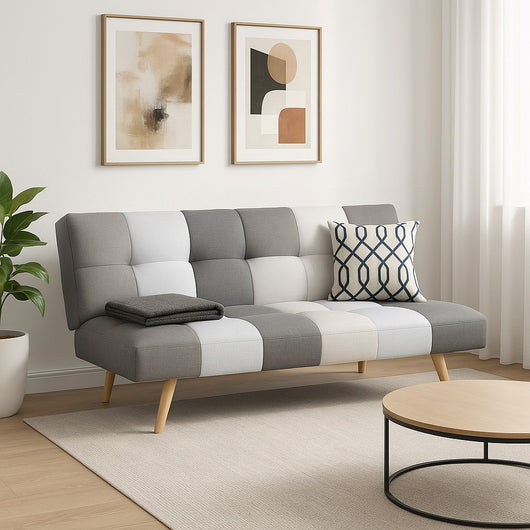 Divano Letto 2/3 Posti Click Clack in Tessuto con Braccioli Regolabili e Apertura Rapida Patchwork