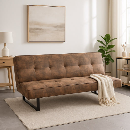 Divano Letto 3 Posti Click Clack Pelle Ecologica Marrone Vintage Design Moderno