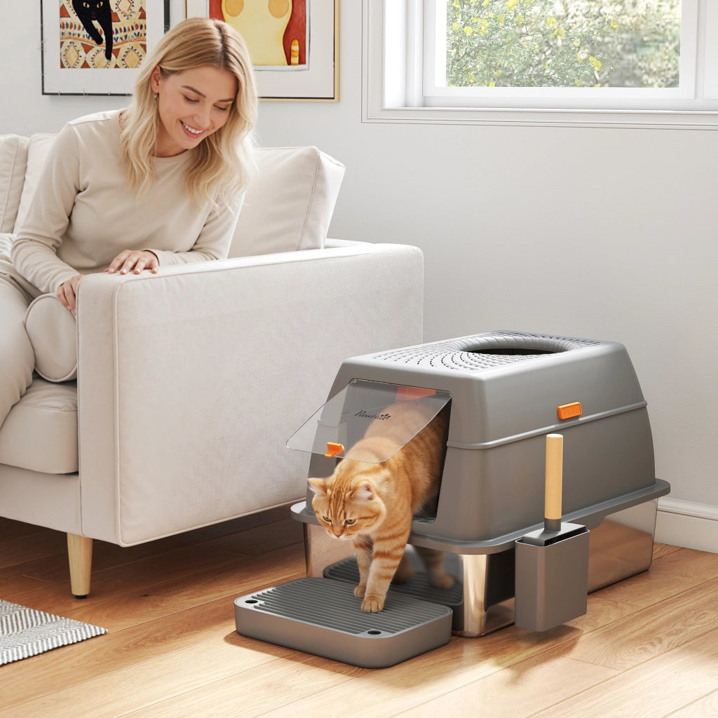 Lettiera chiusa per gatti ¨C Xylo ¨C acciaio inossidabile con coperchio grigio scuro 60x40x38cm