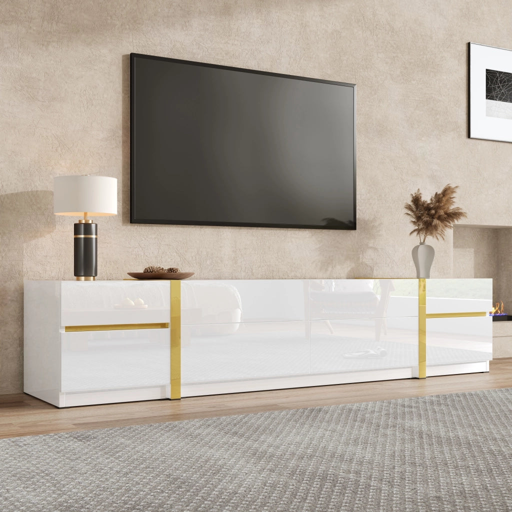 Mobile TV lucido, 4 cassetti, decorazioni a strisce dorate, bianco