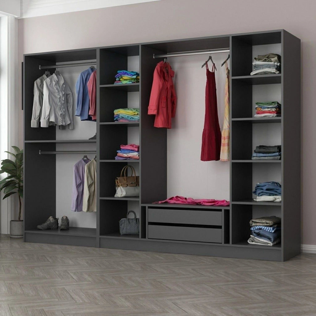 Armadio Camera da Letto Nogaro, Guardaroba Grande Appendiabiti, 270x210h cm Nero Antracite