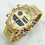 Trade Shop - Orologio Polso Zcc Uomo Acciaio Dual Time Calendario Allarme Impermeabile Dorato -