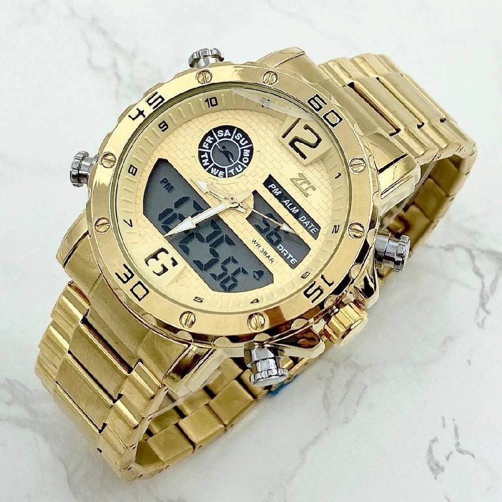 Trade Shop - Orologio Polso Zcc Uomo Acciaio Dual Time Calendario Allarme Impermeabile Dorato -