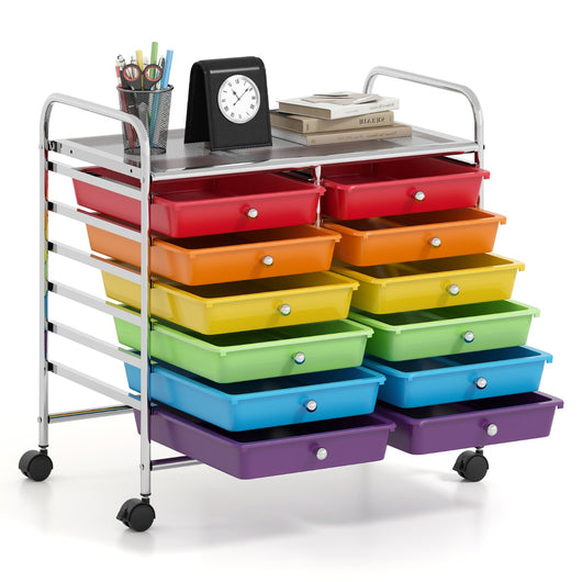 Carrello portaoggetti con 12 cassetti e ampio piano di lavoro, Cassettiera con 4 ruote per soggiorno e cucina Colorato-Carrelli