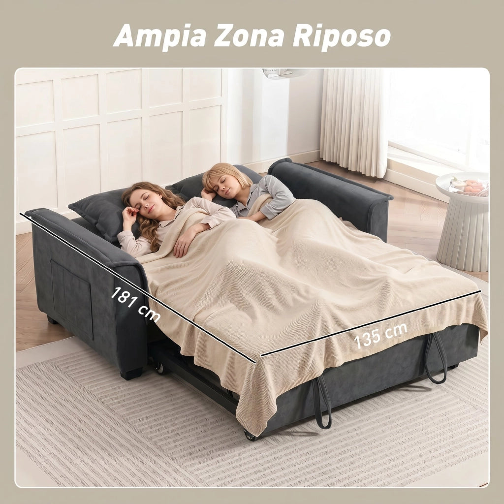 Divano Letto 2 Posti 3 in 1 con Schienale Regolabile in 3 Posizioni e 2 Cuscini in Ciniglia Grigio Scuro