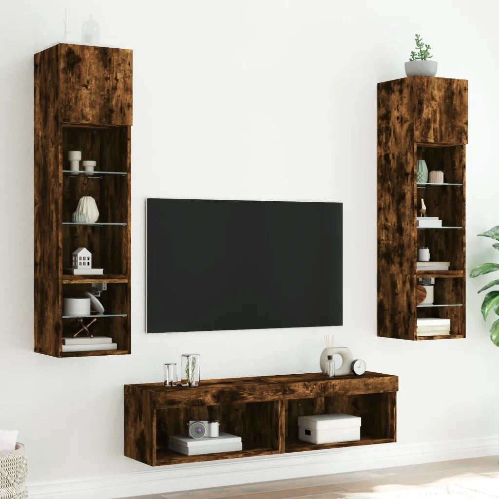 Mobili TV a Muro con LED 6pz Rovere Fumo in Legno Multistrato 3216626