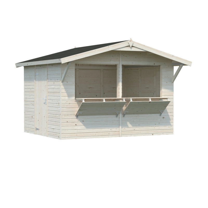 Chiosco in legno da giardino 323x259 cm abete 16 mm con 2 sportelli vendita a ribalta, struttura prefabbricata per mercatini - Esterni da Vivere
