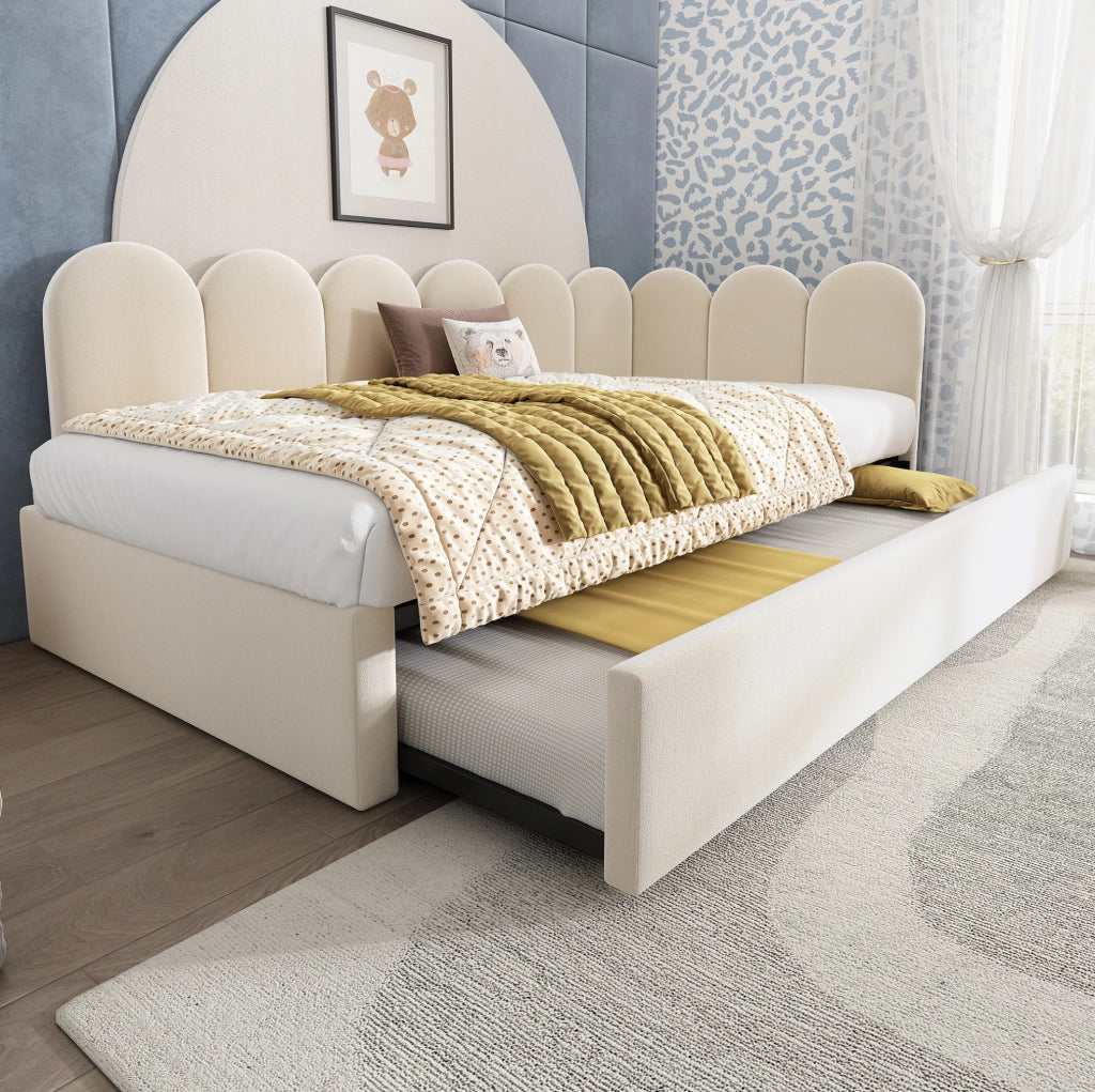 Letto daybed imbottito con letto estraibile 90x200 cm, velluto, colore beige