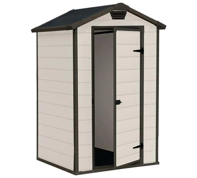 Keter K240024 Manor 4x3 Casetta da Giardino in Resina Porta Singola Tetto a Due Falde Pavimento Incluso Lucchettabile colore Beige