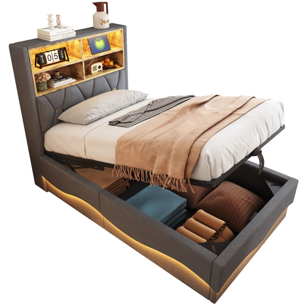 Letto per bambini 90x200 cm grigio in metallo con LED, USB e vano contenitore