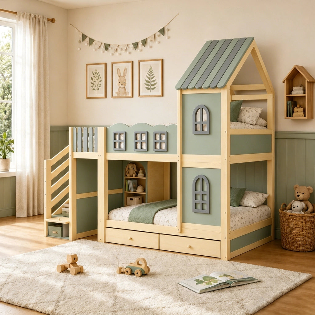 Letto a castello a casetta 90x200 cm con scala contenitore e cassetti
