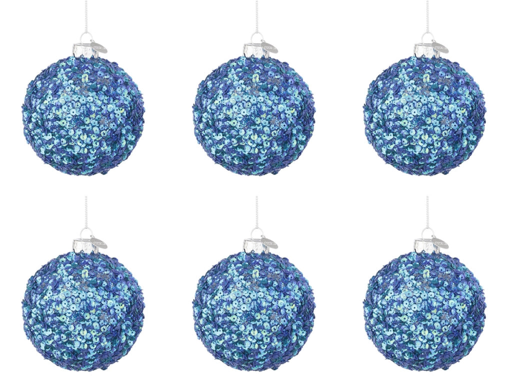 Palline di Natale in Vetro Blu Brillante Paillettes Decorazioni Addobbi Albero Diametro: 80 mm