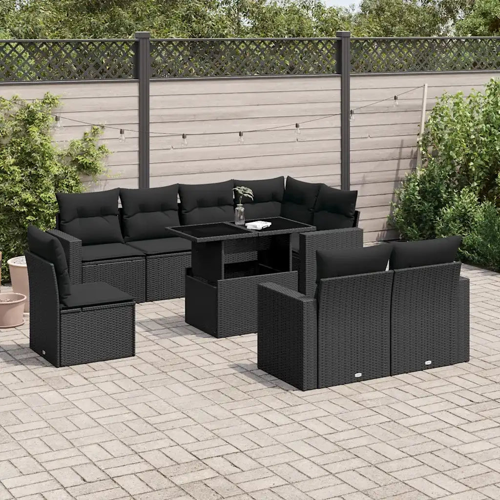 Set Divani da Giardino 9 pz con Cuscini Nero in Polyrattan 3267405