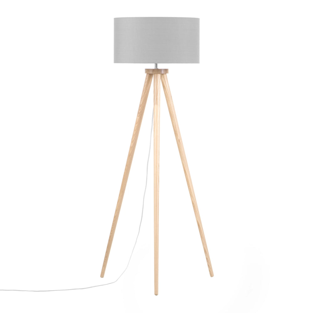 Lampada da Terra Policotone Grigio 142H cm Rovere Legno Chiaro Gambe Treppiede Paralume Tamburo Moderno